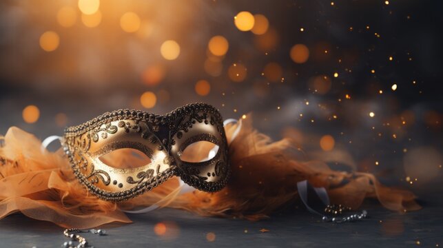 Carnival Mask, Streamers And Confetti For Festive Background. Neural network AI generated art