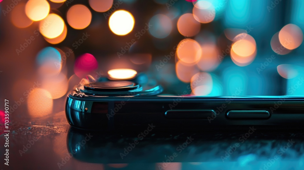 Poster Close-up view of a cell phone placed on a table. Suitable for various technology and communication related concepts