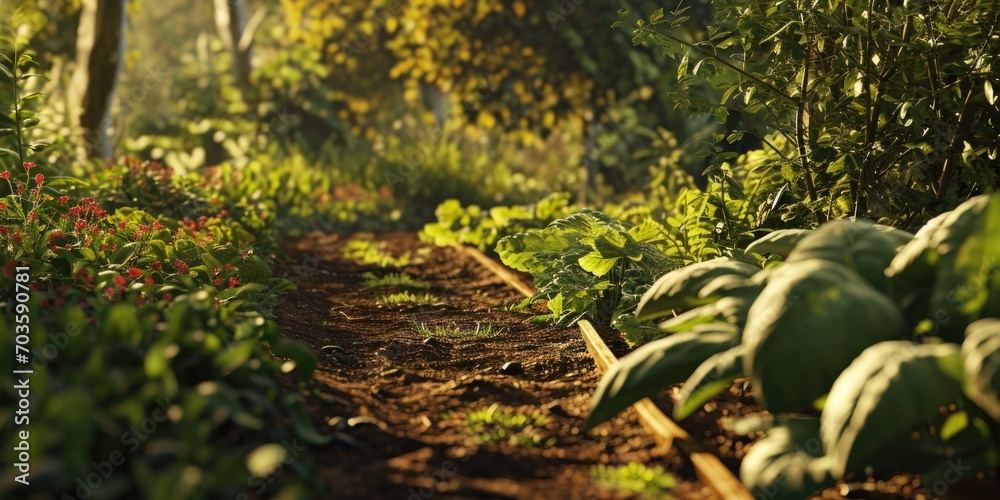 Poster a vibrant garden filled with an abundance of green plants. perfect for adding a touch of nature and 