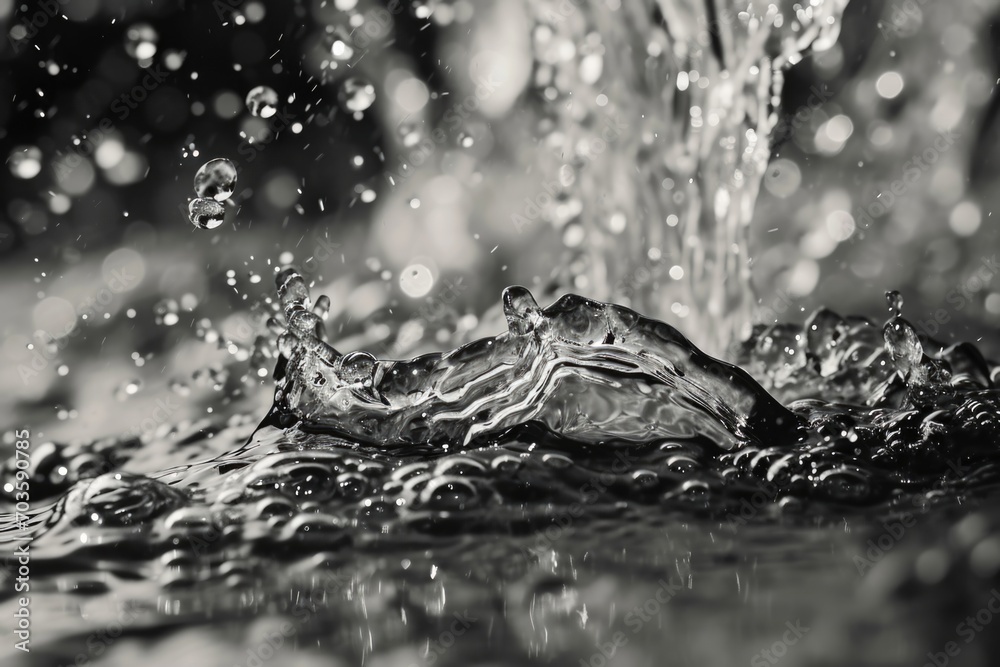 Poster A striking black and white photo capturing a dramatic splash of water. This image can be used to add a dynamic element to various design projects