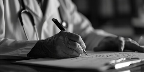 A doctor is seen writing on a piece of paper using a pen. This image can be used to illustrate...