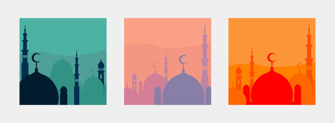 Skyline with minarets and domes of mosques. Islamic, Eid mubarak and Ramadan kareem background