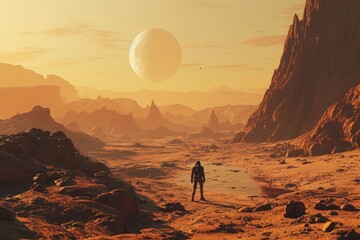 person on planet Mars in space - obrazy, fototapety, plakaty