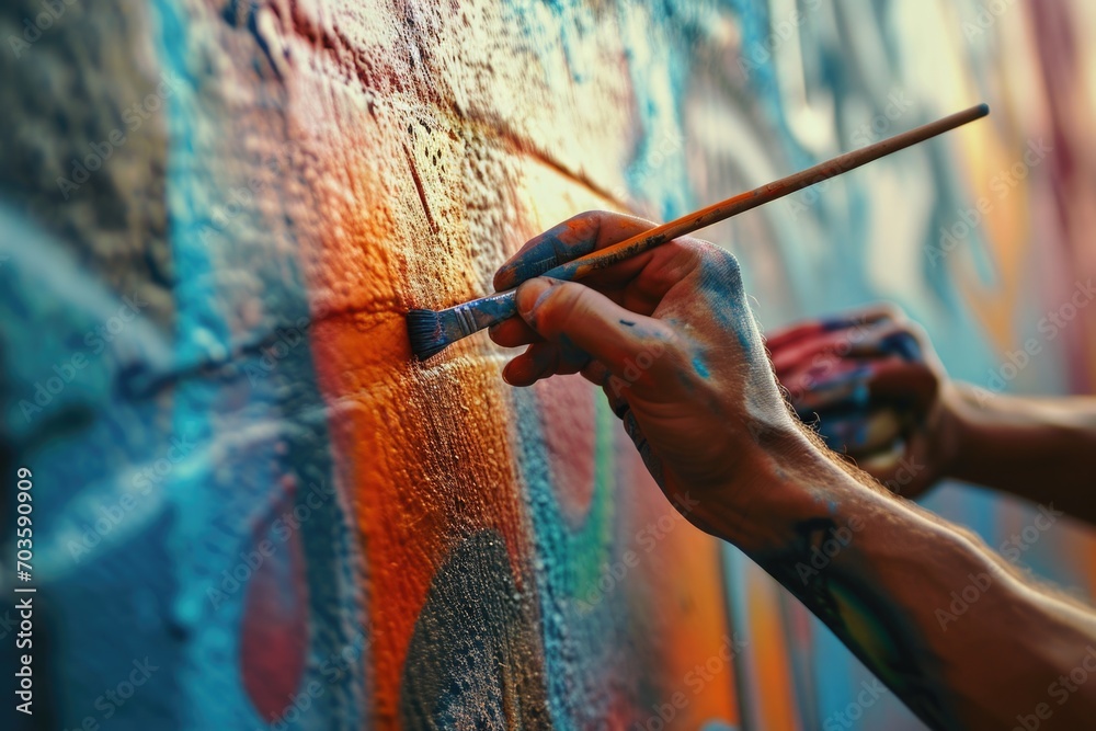 Poster a person using a brush to paint on a wall. suitable for various artistic and creative concepts