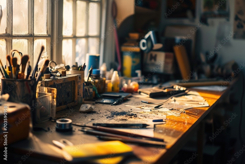 Poster A workbench filled with various tools. Suitable for illustrating DIY projects or a busy workshop environment