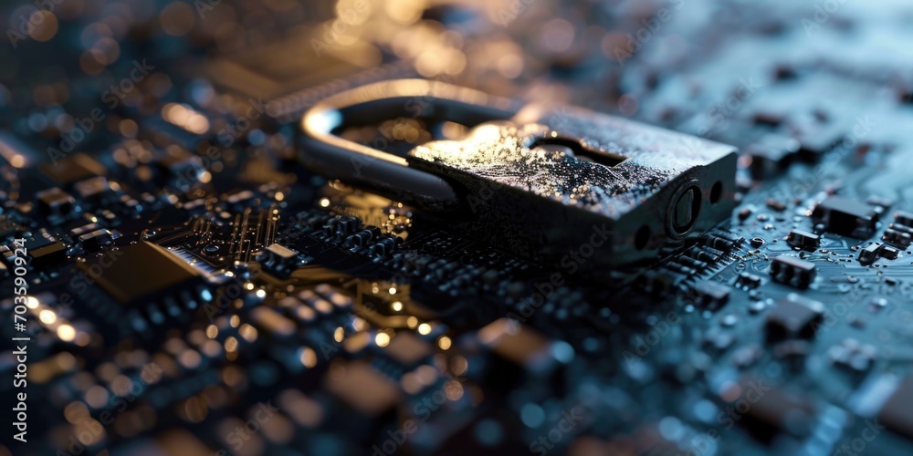 Aufkleber Close up of a lock on a computer motherboard. Can be used to depict security, protection, or data encryption.