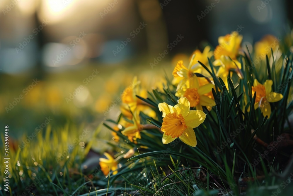 Poster a beautiful bunch of yellow flowers in the grass. perfect for adding a touch of nature to any projec