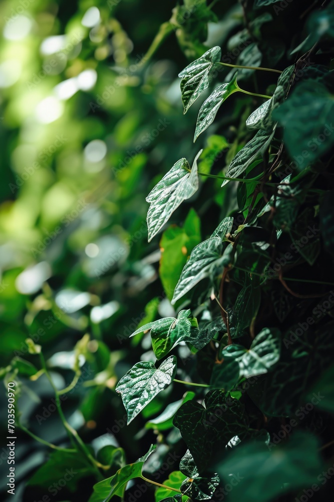 Poster a close-up view of a bunch of leaves on a tree. this image can be used to depict the beauty of natur