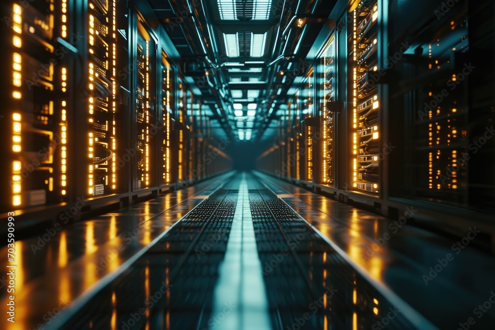 Poster A picture of a long hallway with rows of lights. Perfect for adding depth and perspective to any project