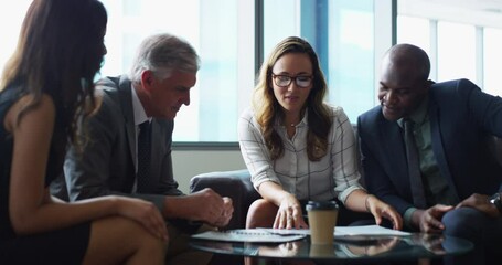 Portfolio, meeting and professional people cooperation on financial feedback, corporate strategy or report sales numbers. Group communication, paperwork and staff teamwork discussion on finance plan