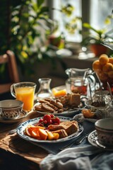 A table set with plates of food and glasses of orange juice. Perfect for showcasing delicious meals and refreshing beverages