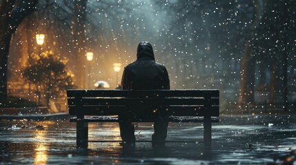 A person sitting on a bench in the rain. Can be used to depict solitude or contemplation in a rainy setting - obrazy, fototapety, plakaty