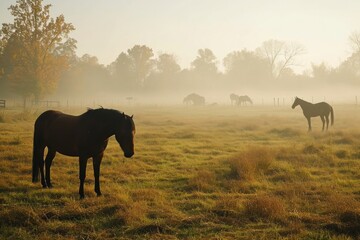 horses in a foggy field