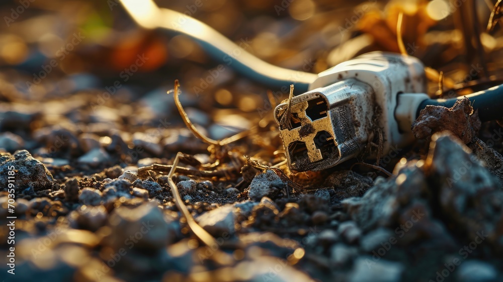 Poster a broken electrical plug lying in the dirt. can be used to illustrate the concept of broken or damag