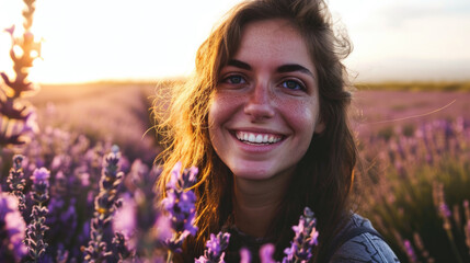 Woman with a warm smile surrounded by lavender fields, countryside background generative ai