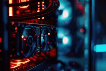 A detailed view of a computer case with vibrant red lights. This image can be used to depict technology, gaming, or a futuristic theme