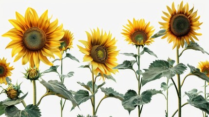 Obraz premium A vibrant group of yellow sunflowers with lush green leaves. Perfect for adding a touch of nature to any project