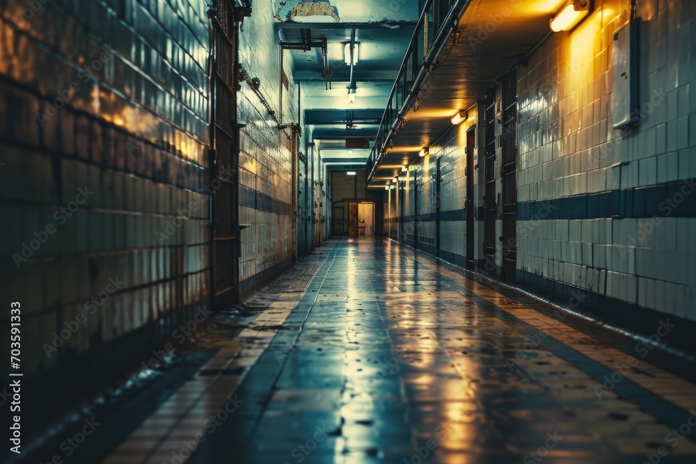 Poster a long hallway with a light shining at the end. this image can be used to depict hope, guidance, or 
