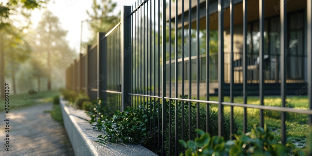 Poster a simple and sturdy black metal fence standing next to a sidewalk. this image can be used to depict 
