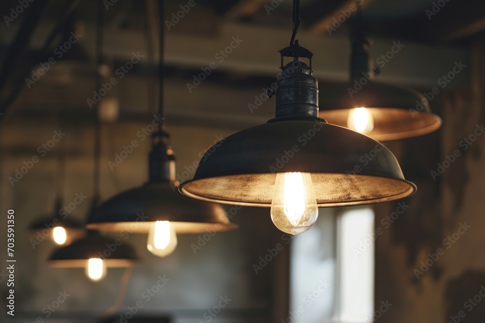 Aufkleber A picture of a number of lights hanging from a ceiling. This image can be used to add a warm and cozy ambiance to any room