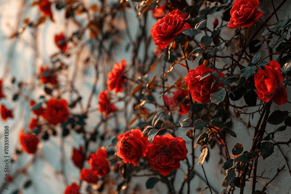 Poster a beautiful bunch of red roses growing on a wall. perfect for adding a touch of elegance and nature 