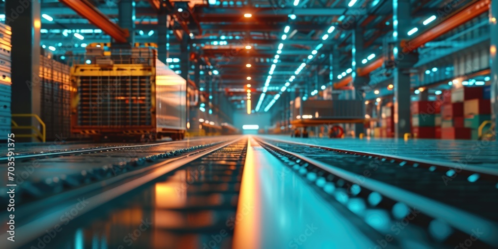 Poster a train is captured in motion as it travels through a train station at night. this image can be used