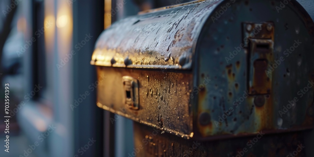 Poster A rusty mailbox sitting on the side of a building. Suitable for various applications