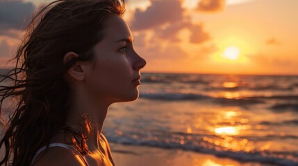 Woman with serene expression gazing at the sunset on a peaceful beach, ocean background generative ai
