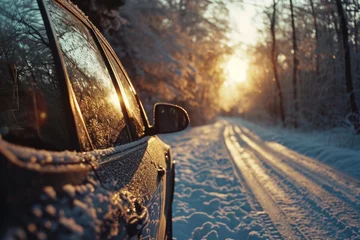 Afwasbaar fotobehang A car driving down a snow-covered road. Suitable for winter driving, scenic routes, and snowy landscapes © Fotograf