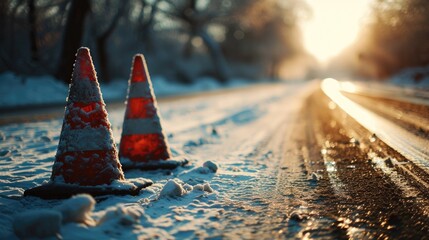 Roadside cones sitting on the side of a road. Suitable for construction or road safety themes
