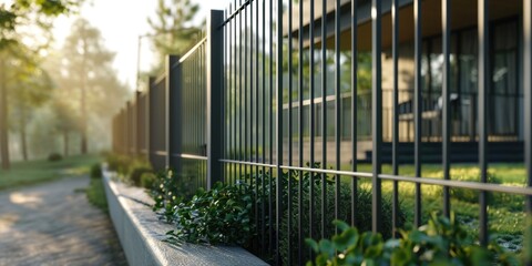 A simple and sturdy black metal fence standing next to a sidewalk. This image can be used to depict urban landscapes, city infrastructure, or as a background element in various design projects
