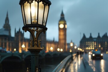 A street light illuminating a clock tower in the background. Suitable for depicting urban...
