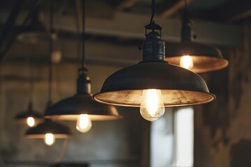 A picture of a number of lights hanging from a ceiling. This image can be used to add a warm and cozy ambiance to any room