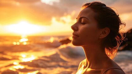 Fototapeta premium Woman with serene expression gazing at the sunset on a peaceful beach, ocean background generative ai