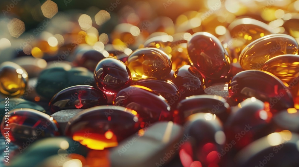 Poster A pile of glass marbles sitting on top of a table. Versatile image that can be used for various projects