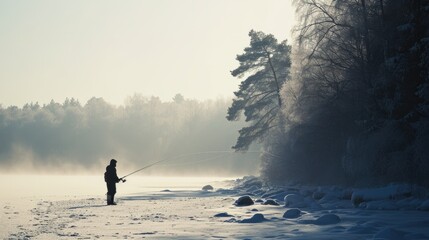 A person standing in the snow with a fishing rod. This image can be used to depict winter activities and outdoor hobbies