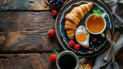A delicious plate of food consisting of a croissant and a cup of coffee. Perfect for breakfast or brunch - obrazy, fototapety, plakaty