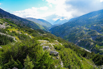 Mountains in the Chilkoot Trail National Historic Site in British Columbia, Canada, as seen from the White Pass and Yukon Route railroad departed from Skagway, Alaska