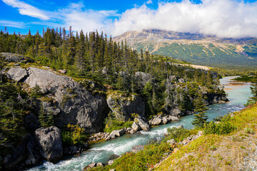 Wild river in the Chilkoot Trail National Historic Site in British Columbia, Canada, as seen from the White Pass and Yukon Route railroad departed from Skagway, Alaska