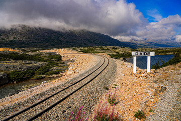 Railroad tracks of the White Pass and Yukon Route at the Chilkoot Trail in Canada