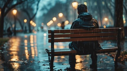 A person sitting on a bench in the rain. Suitable for depicting solitude or contemplation.