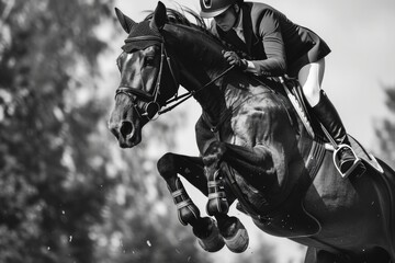 A person on a horse jumping over a jump. Suitable for equestrian sports and horseback riding themes - obrazy, fototapety, plakaty