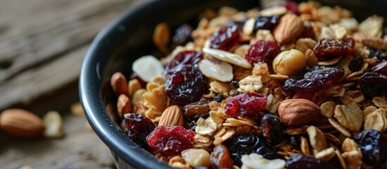 Trail mix, also known as gorp, is a snack mix with granola, dried fruit, nuts, and sometimes candy, made for hiking. - obrazy, fototapety, plakaty
