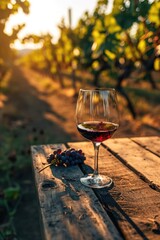 A glass of wine sitting on top of a wooden table. Perfect for wine enthusiasts and rustic-themed designs