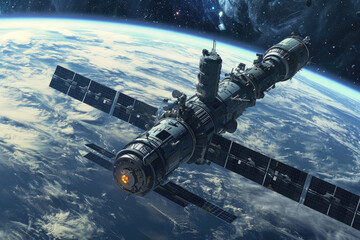 space station on planet Earth background - obrazy, fototapety, plakaty