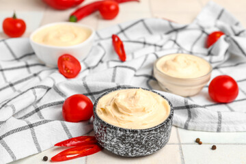 Bowl of tasty cream cheese on white tile background