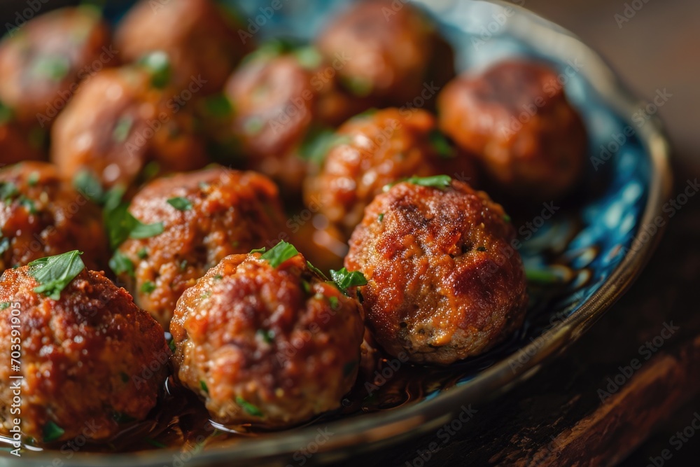 Poster a bowl filled with meatballs covered in sauce. versatile image suitable for various culinary and foo
