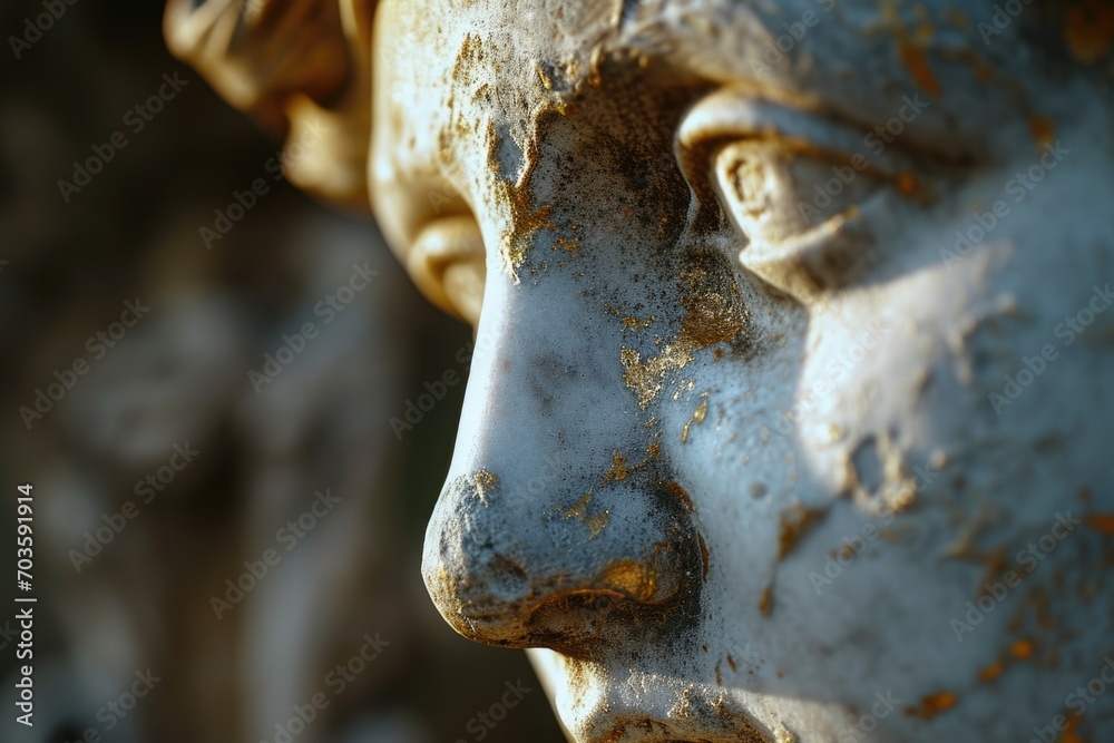 Poster A close-up photograph of a statue depicting the face of a man. This image can be used for various purposes