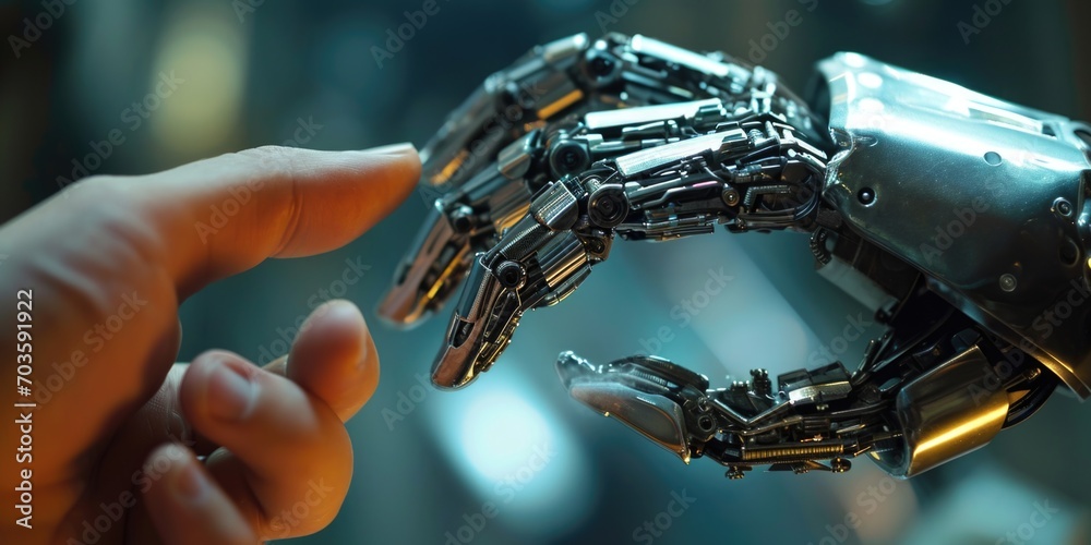 Poster Close up of a person holding a robot hand. Can be used to depict human-machine interaction or advancements in technology