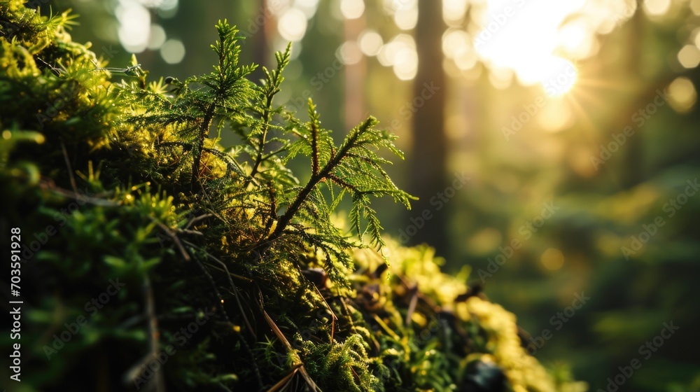 Poster a detailed close-up of a tree trunk covered in lush green moss. perfect for nature and environment-r